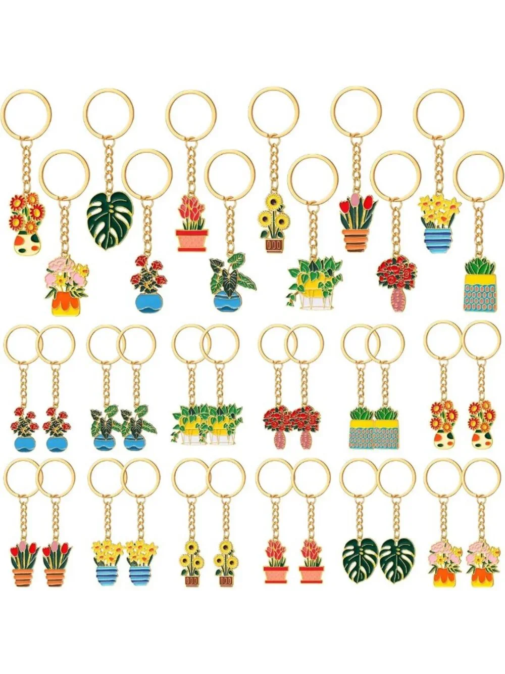24 Pcs Cute Flower Plant Keychains - Enamel Alloy Spring Gifts for Plant Lovers